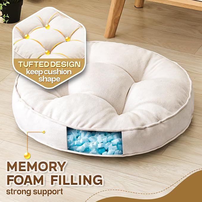 1 MIDDLE ONE Floor Pillow Set of 2, Memory Foam Floor Cushions for Adults, Large Meditation Pillow for Sitting, 22 x 22 Inches (Round | Beige)