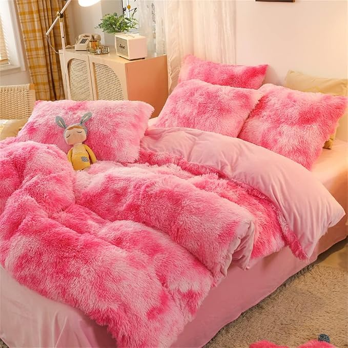 chovy Faux Fur Tie-Dyed Pink White Red Colorful Comforter Sets King - 3PC Bed Set Ultra Soft Plush Flannel Velvet Fluffy Fuzzy Bedding（Comforter x 1 Pillowcases x 2）