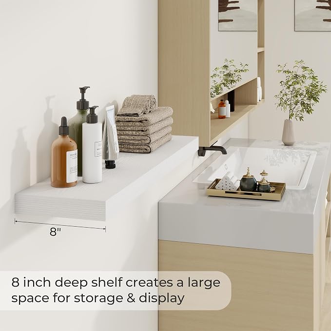 Dreamland 36Inch White Floating Shelves 8" Deep Wall Mounted Set of 2 | Wall shelves for bathroom, bedroom, kitchen, deep wall mount wood storage display for home decor 36" x 8"