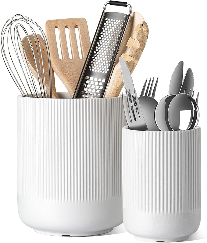 LE TAUCI Utensil Holder for Kitchen Counter, 7.3"+5.4" Fluted Ceramic Utensil Crock Organizer for Countertop, Heavy Large Holder for Spatulas, Spoons, Set of 2, White, Kitchen Counter Decor