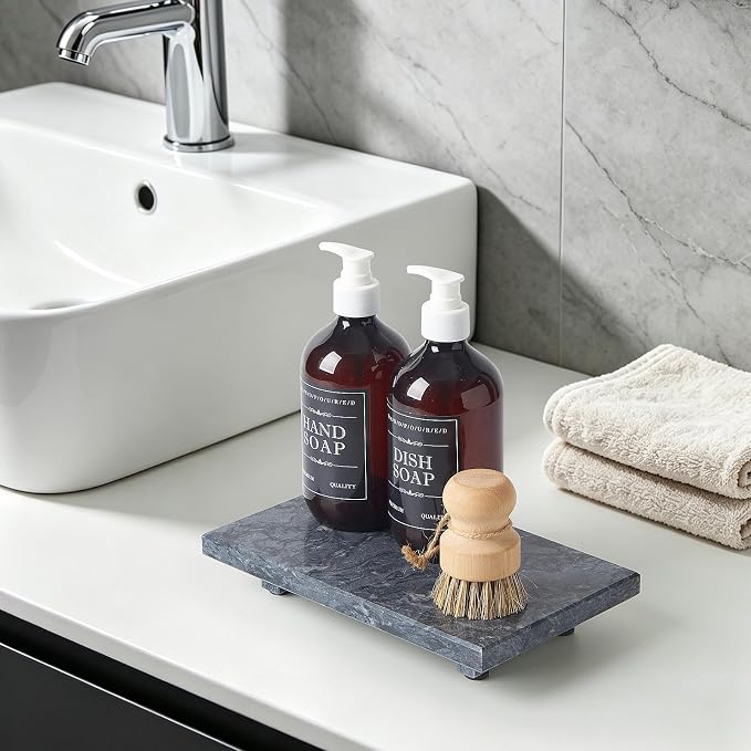 Natural Marble Tray Pedestal Stand – Soap & Jewelry Riser for Bathroom Counter, Kitchen Sink, Vanity Organizer, Decorative Stone Catchall for Perfume, Candles