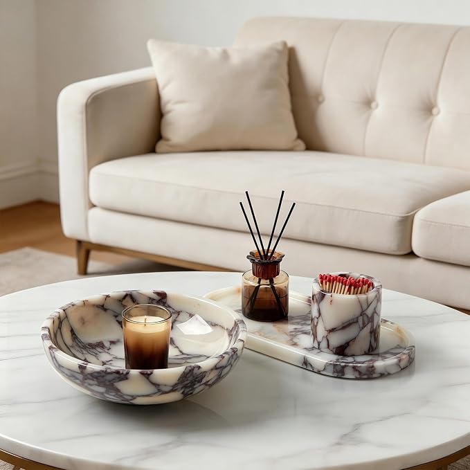 Luxury Natural Marble Fruit Bowl – Extra Large 9-Inch Calacatta Viola Marble for Kitchen Counter Fruit Serving Holder, Decorative Snack Dish for Coffee Table, Centerpiece Tray for Home Decor
