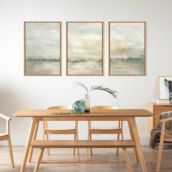 LHIUEM Large Abstract Green Gray Pastel Framed Canvas Wall Art,Neutral Landscape Wall Decor,Modern Watercolor Lake Artwork,Beige Textured Illustrations Art for Living Room,Bedroom,Office- 16"x24"x3