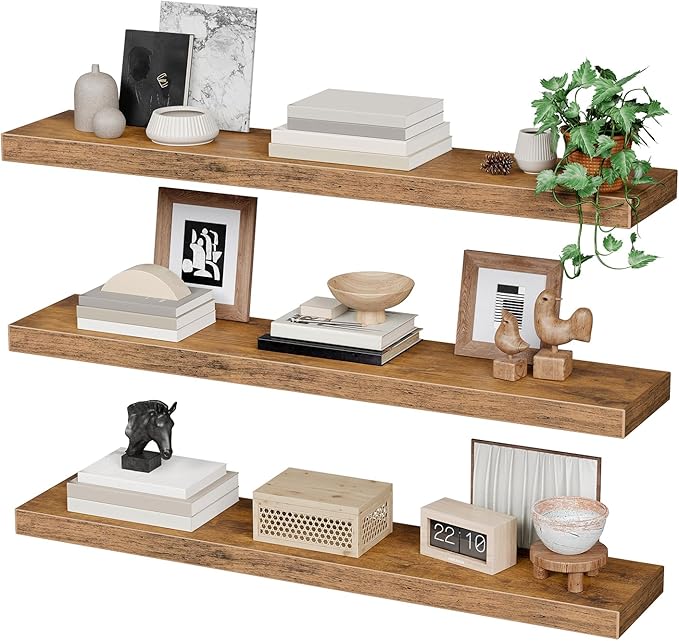 RALGEND Floating Shelves for Wall, 39.4" Long Wall Shelf Set of 3 with Invisible Bracket, 1.5" Thick Hanging Shelves Farmhouse Home Decor for Bathroom, Living Room, Bedroom Rustic Brown 10301BJP3BF