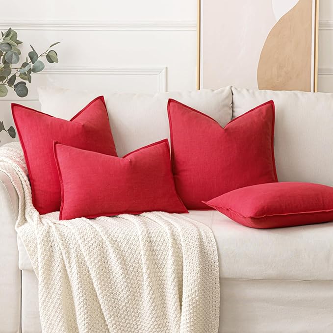 MIULEE Decorative Linen Pillow Covers 20x20 Inch Red Boho Farmhouse Neutral Couch Throw Pillows for Bed Pack of 2 Accent Modern Pillowcase Sofa Livingroom Home Decor
