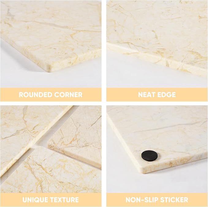 Koville Natural Marble Cutting Board for Kitchen Pastry Bread, 12" x 8" Genuine Marble Cheese Board Stone Tray for Counter, Stone Cutting Boards Bathroom Perfume Jewelry Tray for Decor(Yellow)
