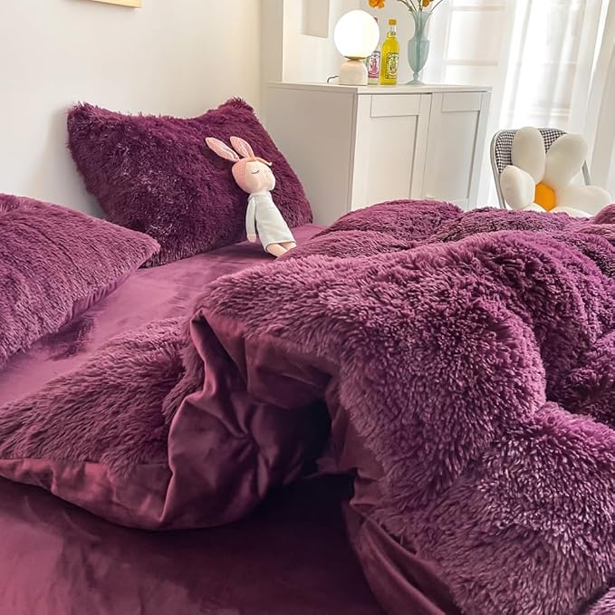 chovy Faux Fur Plush Grape Purple Comforter Sets Twin - Ultra Soft Shaggy Flannel Velvet Fluffy Fuzzy 3PC Bedding Set （Comforter x 1 Pillowcases x 2）
