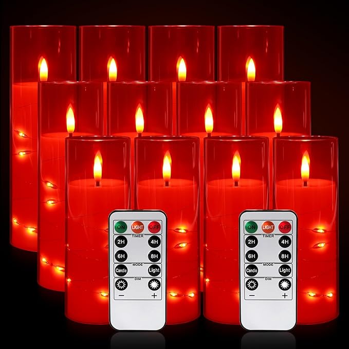 12‑Pack Red Flameless LED Candles(D 2.2" xH 5" 6" 7") with Embedded String Lights,Acrylic Pillar Candles with 2 Remote Timers, Battery‑Operated for Christmas, Halloween & New Year Decor.