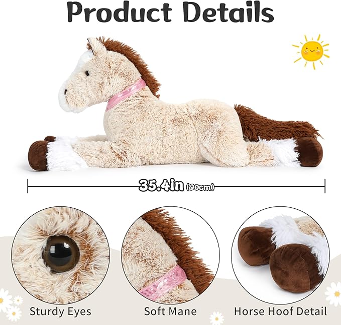 Tezituor 3ft Large Realistic Horse Stuffed Animal, 35.4 Inches Big Stuffed Pony Plush Toys for Ridding, Hugging Soft Horse Plush Theme Body Pillow Christmas Birthday Gift for Boys Girls