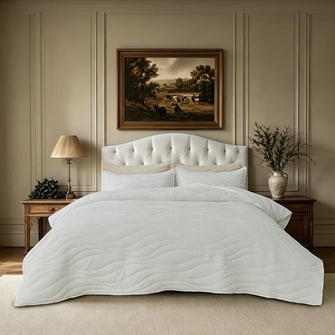 DOWN HOME Crinkle Textured Velvet Quilt Set with Shams, All-Season Luxury Modern Bedding,Easy Care Comforter,Ultra-Soft,Lightweight & Breathable, King, Throne White