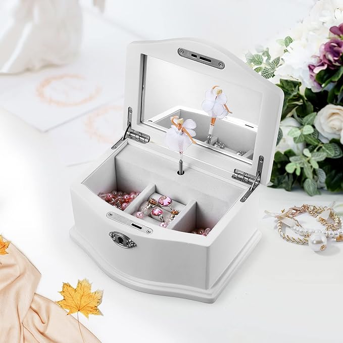 Wooden Ballerina Medium White Musical Jewelry Box with Mirror and Lock for girls，Kid's Jewelry Storage Music Box,Gifts for Christmas,Birthday and all Holidays