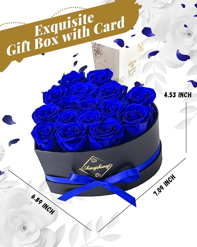 Changshunqi 16 Flowers Forever Preserved Roses in Box, Forever Flowers Womens Birthday Gifts for Women Mothers Blue Rose Gift for Her Romantic Eternal Real Rose for Women Mom Wife