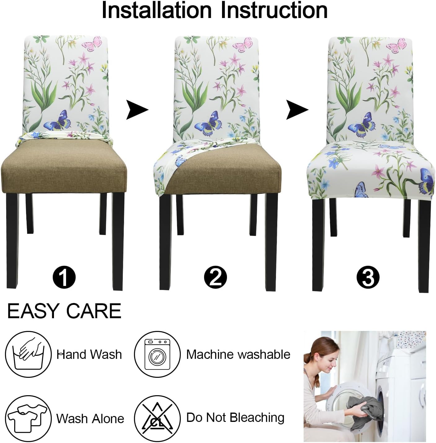JQinHome Pattern Chair Covers for Dining Room Set of 4, High Stretch Removable Washable Parsons Chair Slipcover for Home Party Hotel Wedding Ceremony (Flowering Butterflies,4PCS)