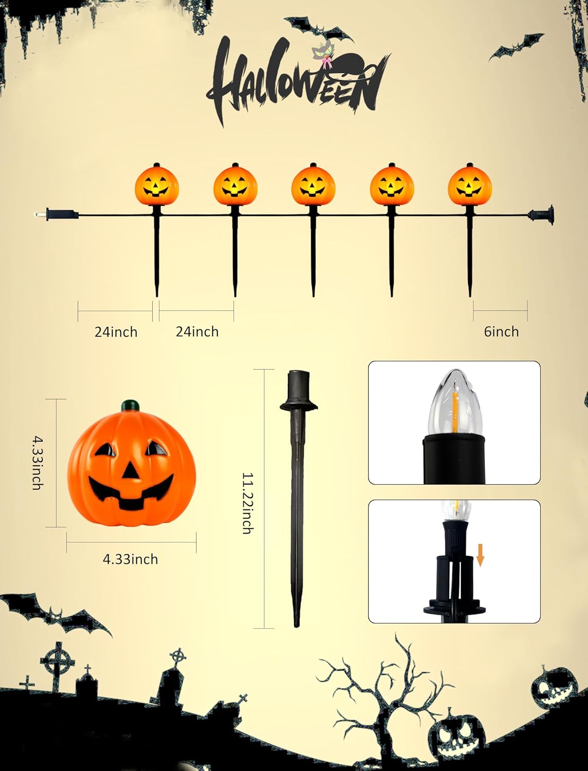 Classic Halloween Charm: 5 Pack Plug-in Pumpkin Pathway Lights Outdoor, Waterproof Jack o' Lantern Garden Stakes with Warm C7 Bulbs for Walkway & Yard Decor