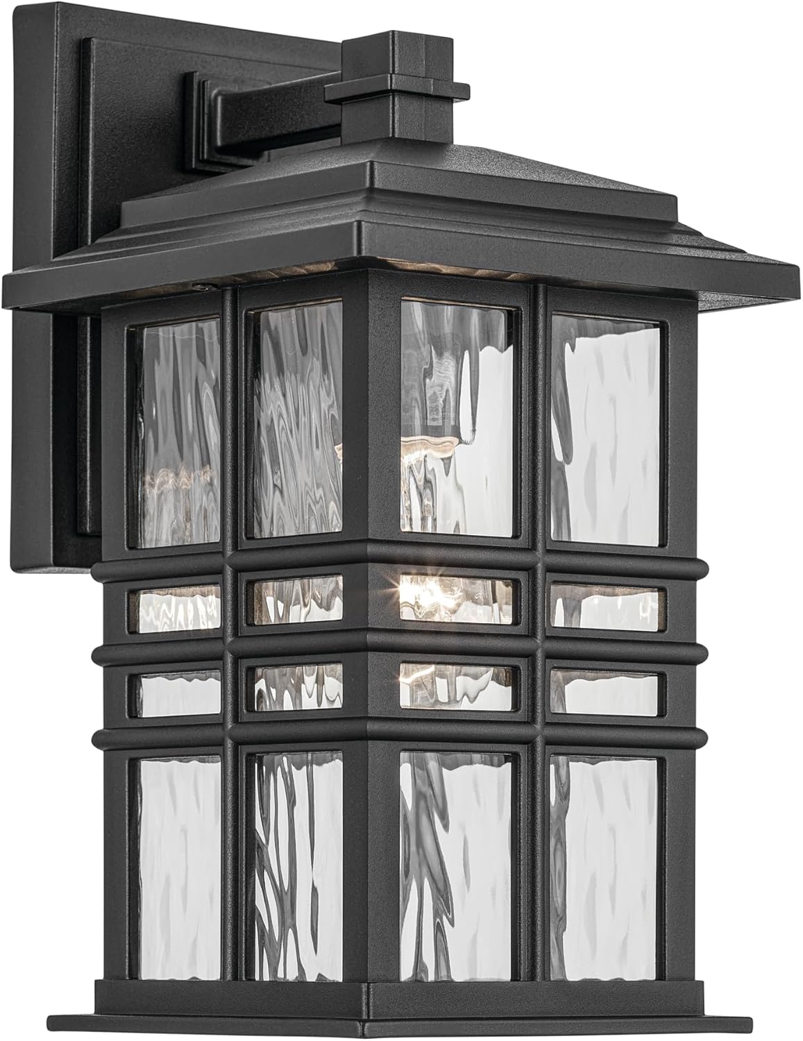 KICHLER Beacon Square 12" 1-Light Outdoor Wall Light with Clear Hammered Glass in Textured Black, for Exterior Doors, Garage, Porch, or Patio (12" x 6.5"), 49829BKT