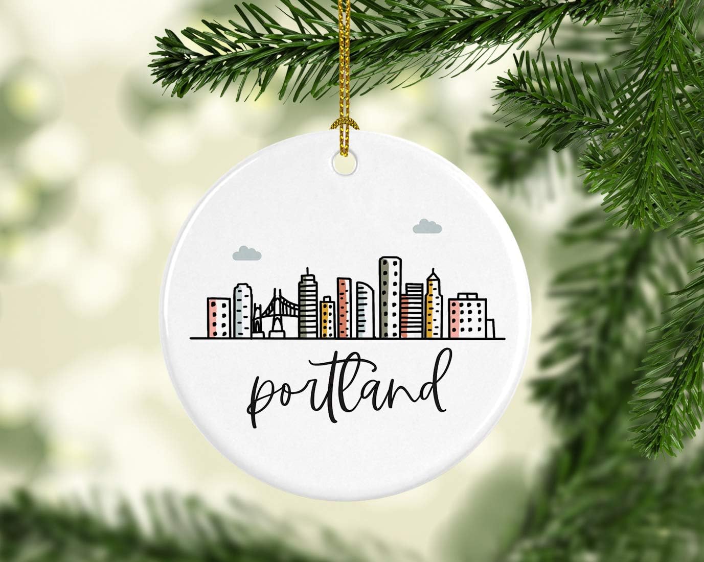 Andaz Press Round Ceramic Porcelain Christmas Tree Ornament Keepsake, Portland Colorful City Skyline Graphic, 1-Pack, Birthday Gift Ideas for Family Coworker, Includes Gift Box