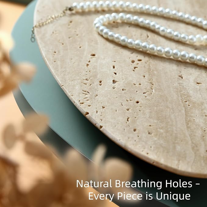 Natural Travertine Tray, Modern Decorative Stone Tray for Coffee Table, Jewelry Display Organizer for Rings Necklace, Candle Holder Catchall for Living Room Bathroom Vanity Decor (L)