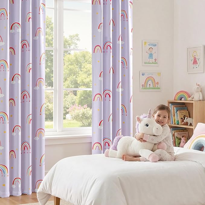 Vangao Blackout Curtains for Kids Bedroom Rainbow Purple Nursery Curtains 84 Inch Length Drapes for Teen Girls Thermal Insulated Room Darkening Boho Light Blocking for Living Room Set of 2