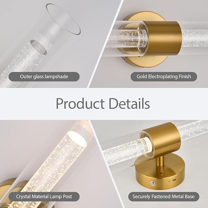 Morauroral Gold Battery Operated Wall Sconces Set of 2, Rechargeable Wall Sconce with Remote Control, 22 Inch Modern Wireless Wall Light for Bedroom, Living Room with Crystal Post Bulb Glass Shade