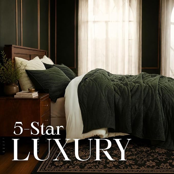 DOWN HOME Crinkle Textured Velvet Quilt Set with Shams, All-Season Luxury Modern Bedding,Easy Care Comforter,Ultra-Soft,Lightweight & Breathable, Cali King, Courtyard Green
