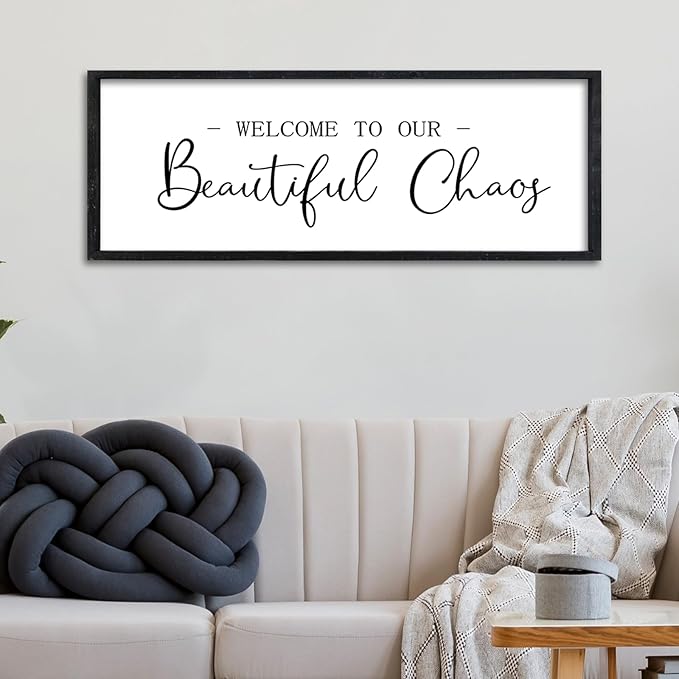 Surfapans Welcome To Our Beautiful Chaos Living Room Sign Wall Decor 32"×12" Rustic Large Family Wooden Plaque for Home Entryway Wall Hanging Art (Black)