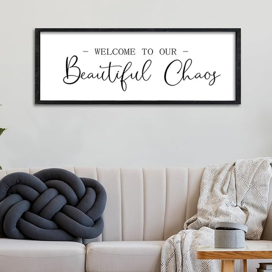 Surfapans Welcome To Our Beautiful Chaos Living Room Sign Wall Decor 32"×12" Rustic Large Family Wooden Plaque for Home Entryway Wall Hanging Art (Black)