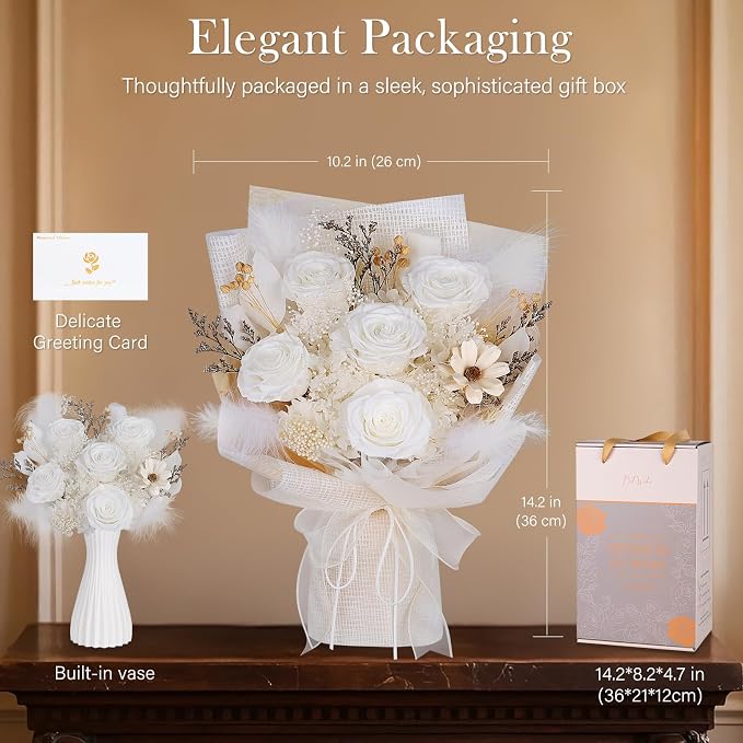 Preserved Bouquet of Flowers - 5 Roses & Flowers for Delivery, Real White Forever Flower, Eternal Roses Bouquet, Mothers Day Gifts for Mom Grandma Wife, Anniversary Birthday Gifts for Women