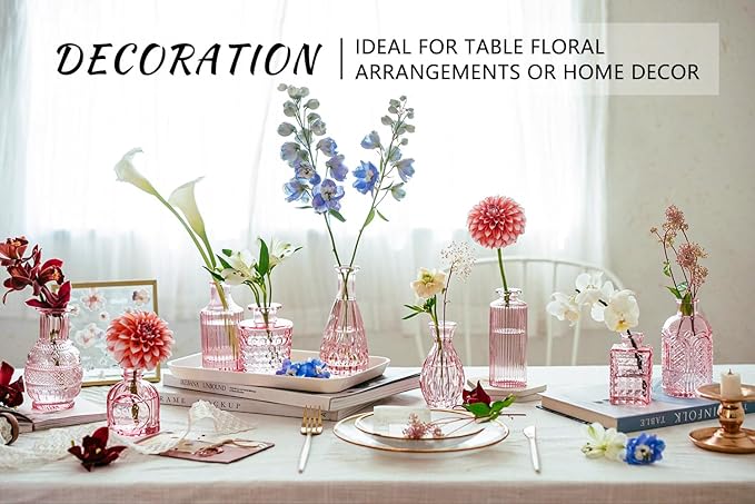 SUPMIND Glass Bud Vase Set of 16, Small Pink Flower Vases for Table Centerpieces in Bulk, Cute Mini Vintage Vase for Wedding, Home Decor, Table Decoration