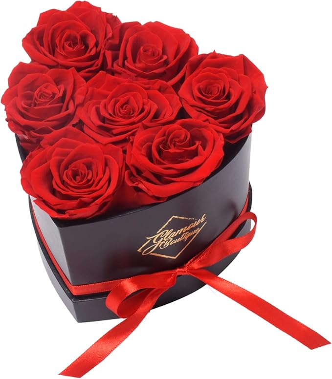 GLAMOUR BOUTIQUE 7 Flower Forever Heart Shape Box, Eternal Preserved Roses Gift for Her, Lasting Flowers, Petite Floral Heart Box for Birthday, Anniversary or Valentine’s Day, Red (Color-Treated)