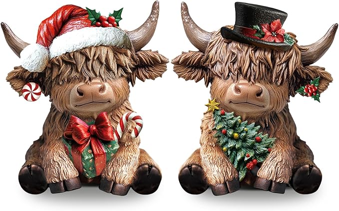Karenhi 2 Pcs Christmas Highland Cow Decor, 2026 Funny White Elephant Gifts, Resin Highland Cow Figurines Gnomes Scottish Statue Calf with Xmas Tree for Home Garden Kitchen Office Table Decorations