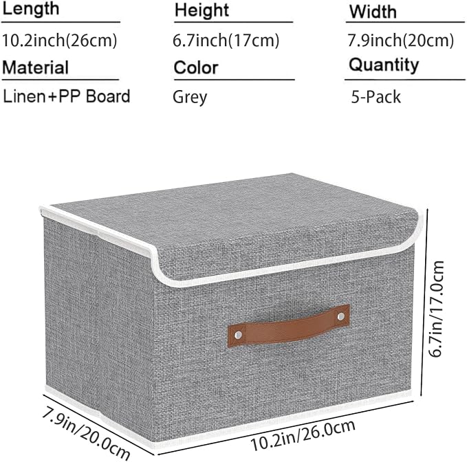 Yawinhe Collapsible Storage Box, Cube Organizer Basket, Fabric Bin with Lids, Washable and Leather Handle for Shelves, Closet, Grey, 10.2x7.9x6.7 In, 5-Pack, SNK024GN-5