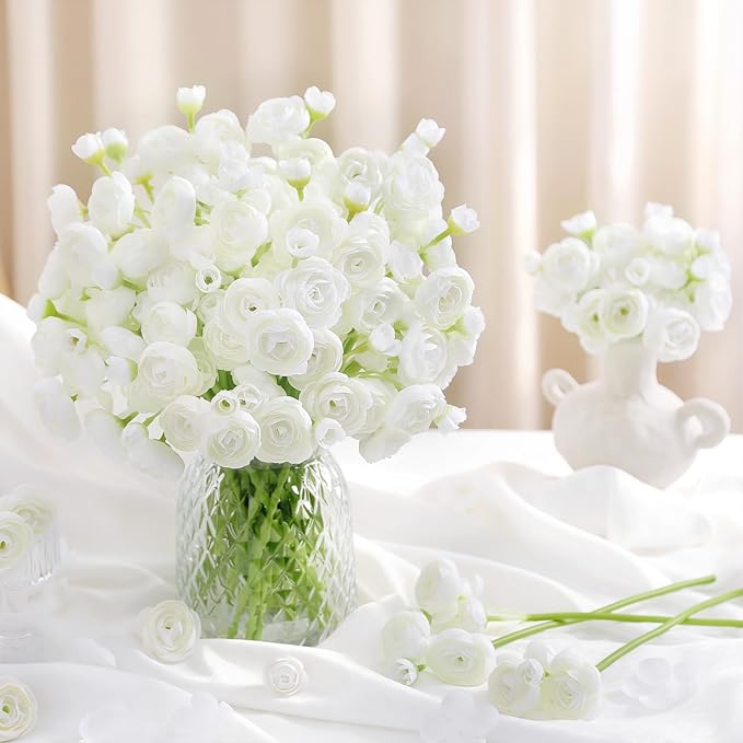 Alupssuc 30Pcs Ranunculus Artificial Flowers Faux Silk Mini Ranunculus, Spring Flowers Artificial Indoor for DIY Bouquets, Bulk Fake Wedding Filler Flowers for Bride Shower Decorations, Ivory White