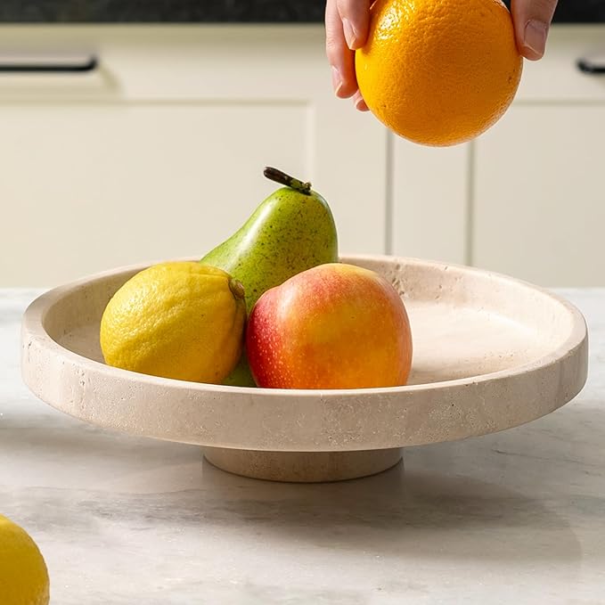 Koville Natural Travertine Fruit Bowl for Kitchen Counter – Decorative Stone Serving Decorative Bowl for Vegetables, Foods and Home Decor Centerpiece
