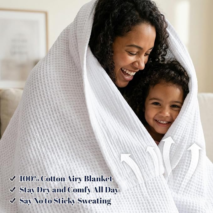 PHF 100% Cotton Waffle & Muslin Blanket Twin Size, Soft Breathable Luxury 400GSM Versatile Reversible Bedding for Bed, Great for Layering in Cold Weather, Home Decor Gift, 66" x 90", White