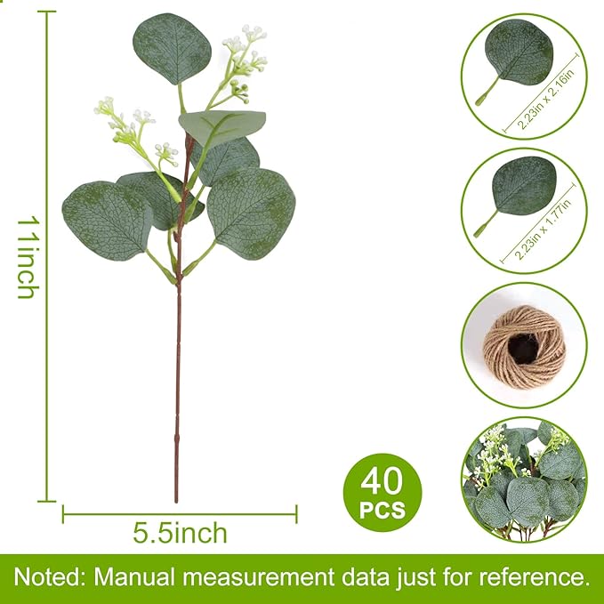 ZeKonan 40 Pieces of Artificial Greening Eucalyptus Stem Artificial White Seeds Plant Suitable for Family Wedding Vase Center Bouquet Flower Arrangement