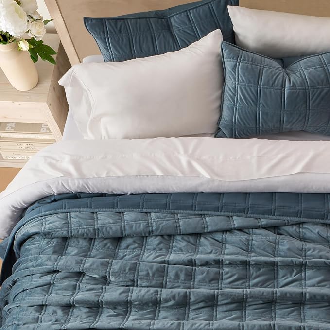 EverGrace 3 Pieces Luxurious Velvet Quilt Queen Size, Ultra Soft Bedspread Coverlet Set, Double Box Stitch Lightweight Velvet Comforter for All Season with 2 Shams, Stormy Blue, 92"x96"