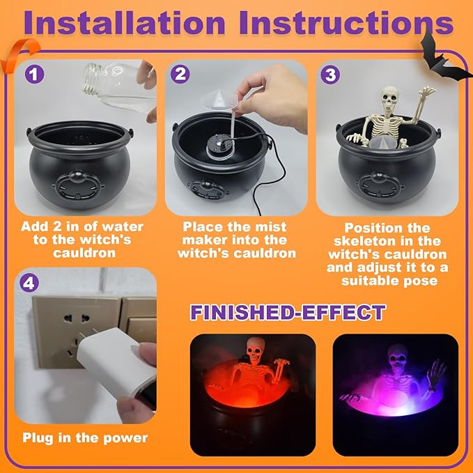 Halloween Decorations Indoor - Witch Cauldron with LED Fog Maker & Poseable Skeleton - Spooky Hocus Pocus Party Decor for Home, Table, Mantel, Kitchen - Vintage Magic Brew Cauldron Set