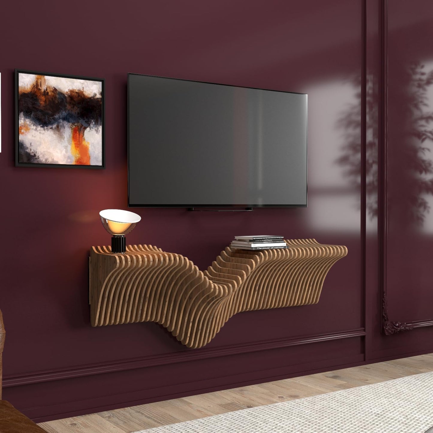 Parametrics 40 inch Floating Shelf TV Unit Modern Geometric Wooden Wall Piece Decor Natural Oak Color 3D Wavy Living and Gaming Room Shelf