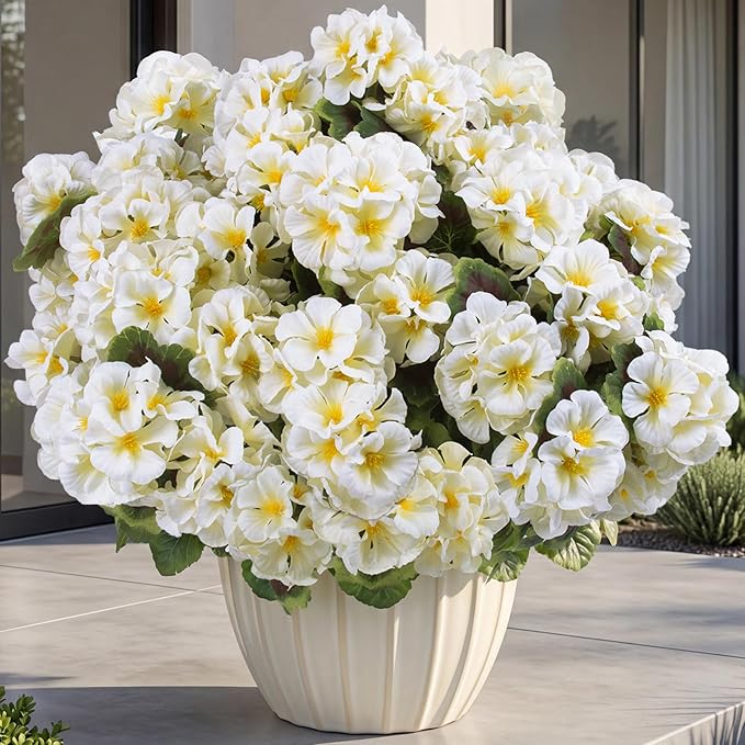 lovemoon 8 Pcs Artificial Geraniums for Outdoors Realistic Silk White Flowers UV Resistant Faux Geranium Flowers for Outdoor Front Door Porch Home Garden Office Decoration (8, White)