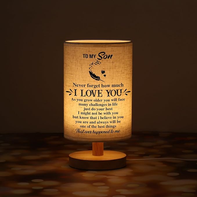 WSYEAR Gifts for Son from Mom Dad- Son Gifts from Mom Fabric Wooden Desk Lamp Gifts for Adult Son Graduation Gifts, to My Son Birthday Gifts
