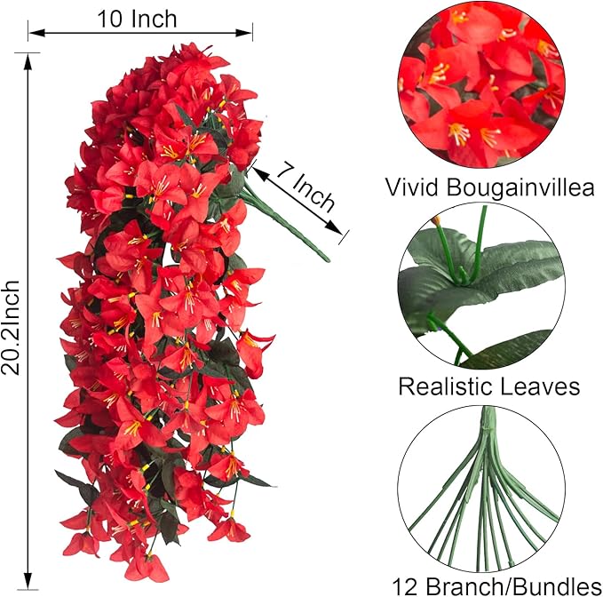 Grunyia 4 Pack Artificial Bougainvillea Flowers Outdoor UV Resistant, Fake Silk Trailing Vines Realistic Faux Hanging Plants for Front Door Porch Patio Garden Yard Window Box Planter Urn Decor(Red)
