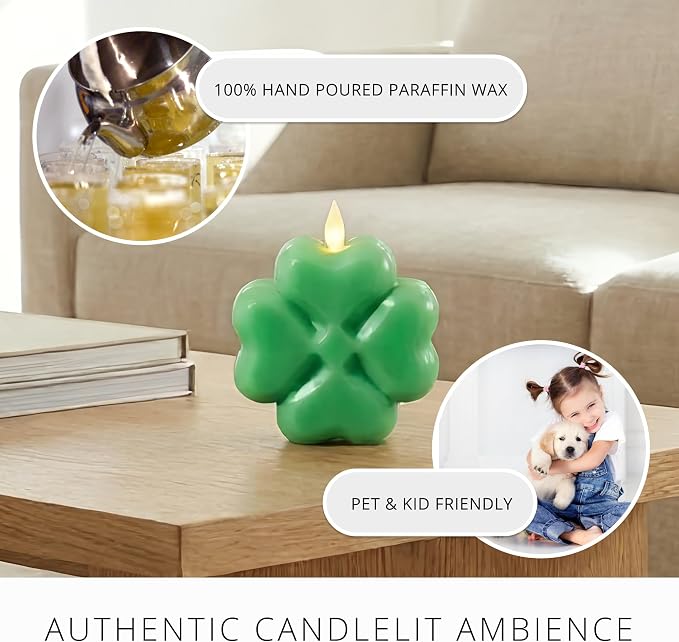 Luminara 4-Leaf Clover Candle - Flickering Real-Flame Technology- Flameless LED- Remote Ready- Classic Green St. Patrick's Day Shamrock- 3.9" x 4.3"