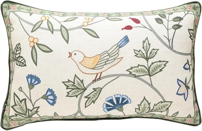 bilin gaier Designer Vintage Linen Throw Pillow Cover,20"x12"-Idaho A | Elegant Rectangular Pillow Cover,Concealed Zipper,Floral and Bird Pattern,Sofas,Bedroom,Living Room,Lounge Chairs