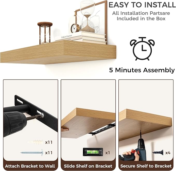 Venusmiles Floating Shelves for Wall, 48 Inch Floating Shelves Set of 1, 6.5" D Wooden Wall Mounted Display Shelves with Invisible Brackets for Living Room, Bedroom, Bathroom, Kitchen Decor, Oak