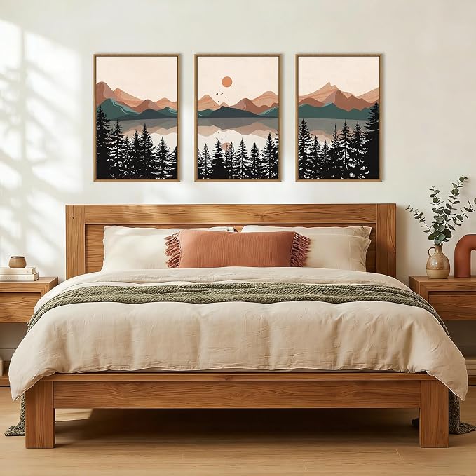 KAIRNE Boho Mountain Sunset Framed Canvas Wall Art Set,Colorful Mid Century Forest Wall Decor,Beige Nature Pine Tree Art Prints,Abstract Modern Landscape Artwork for Living Room,Bedroom,Farmhouse,Office-16"x24"x3
