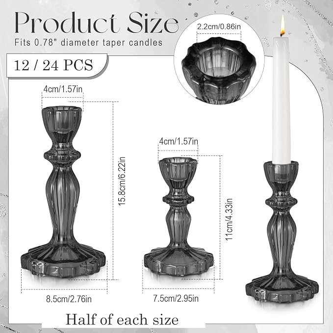 12 Pack Glass Candlestick Holders Set 4.3/6.1'' Taper Stripe Candle Holder Bulk Floral Shape Crystal Decorative Candle Stand Centerpiece for Table Wedding Dining (Black)