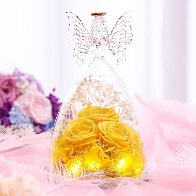 Mothers Day Rose Gifts for Women Preserved Real Flower in Glass Angel Figurines Roses for Delivery Prime Birthday Gifts for Mom Grandma Girlfriend Wife Her, Yellow