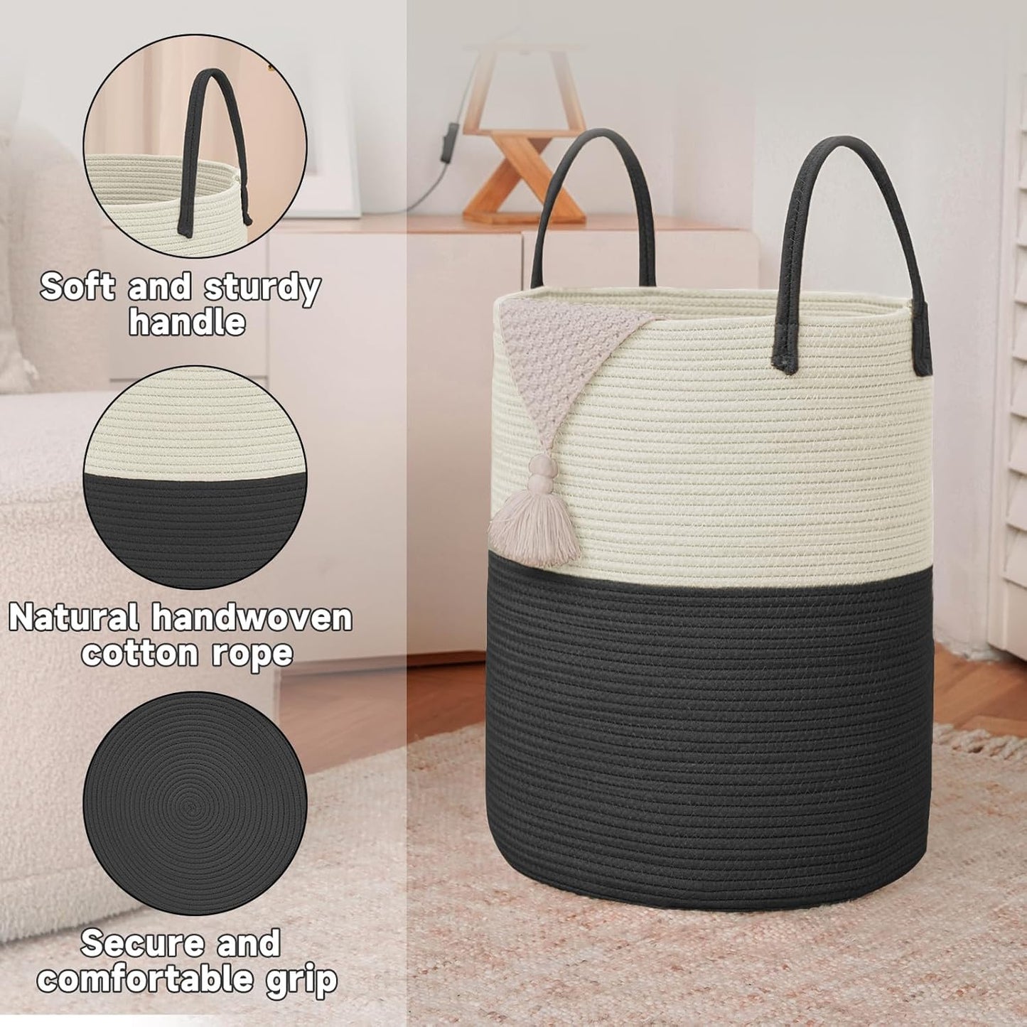 Large Woven Laundry Basket Hamper,60L Cotton Rope Storage Bin for Blankets,Toys and Clothes,Decorative Tall Nursery Hamper for Living Room,Baby Nursery,Bathroom and Bedroom,White and Black