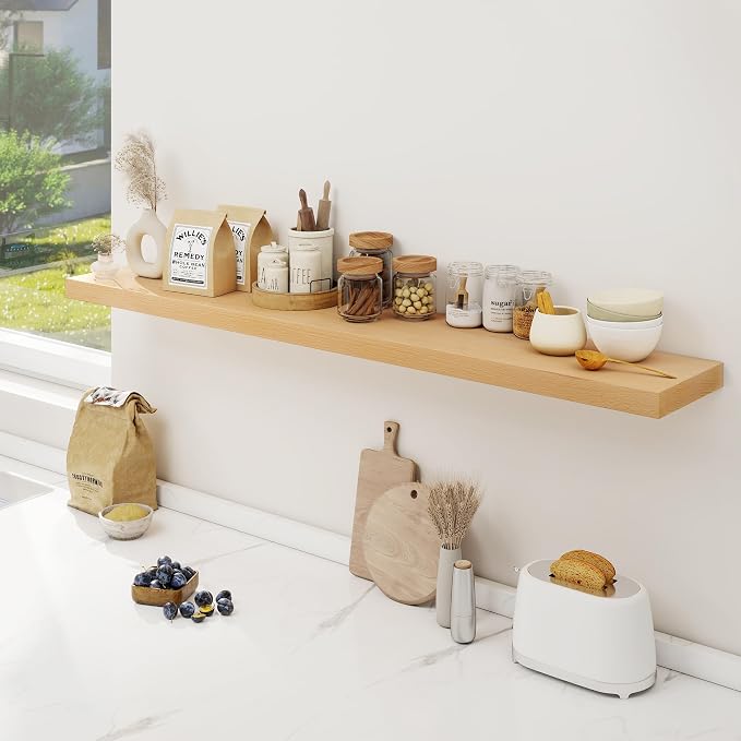 FLYJOE Floating Shelves for Wall, USA-Sourced Beech Wood 55 Inch Long Wall Shelves, Natural Wooden Mounted Picture Ledge Shelf, Nursery Book Storage Shelf Kids Bookshelf, Display Shelf for Bathroom
