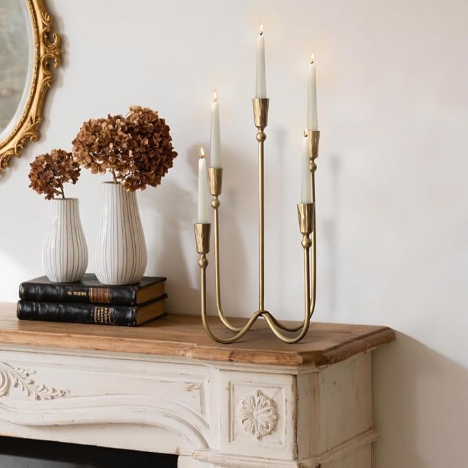BANOMII Large Iron Candelabra Centerpieces for Tables, 17.7'' Tall Taper Candle Holders, Vintage Brass Gold Candlestick Holders, Antique Fireplace Mantel Decorations for Living Room, 5 Arms